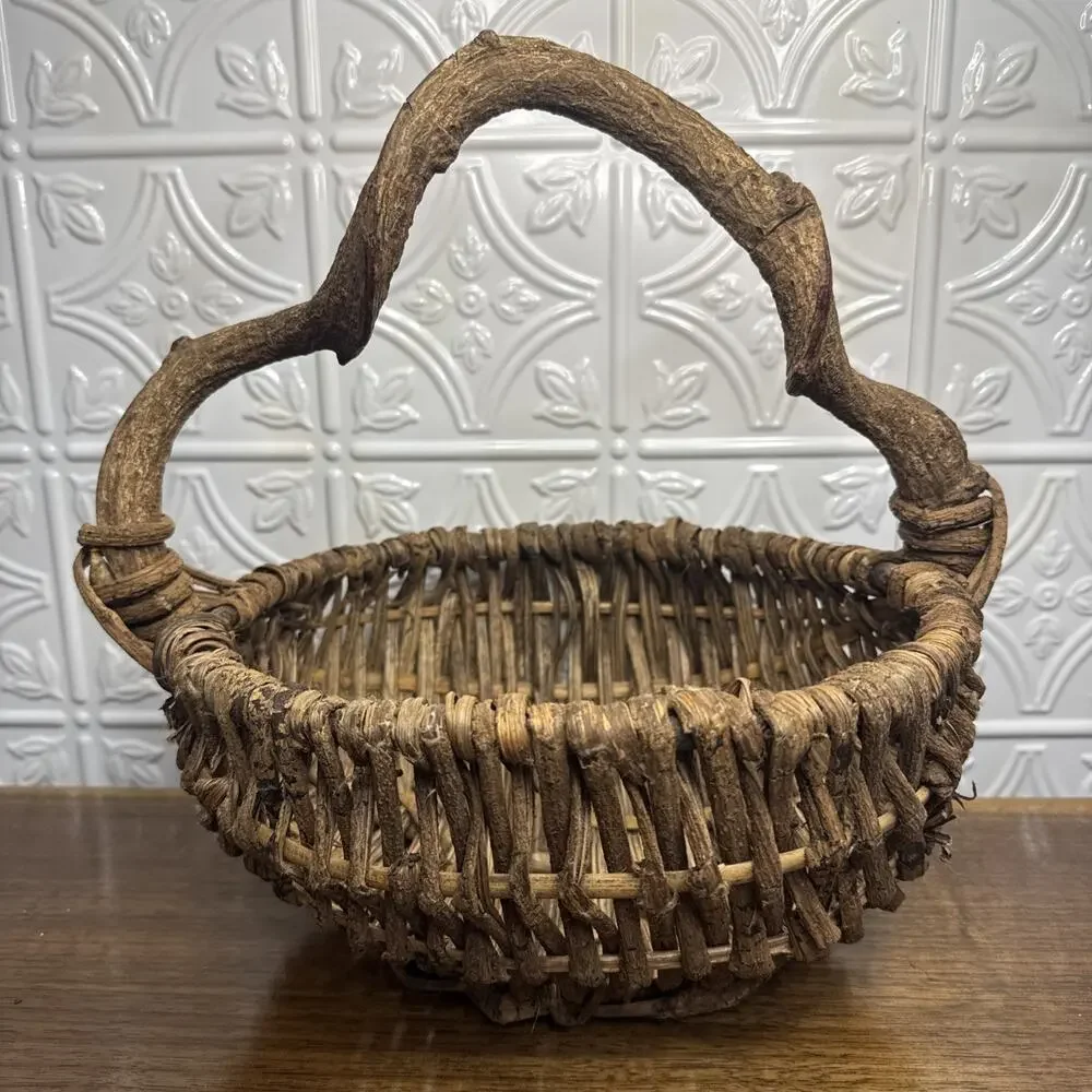 Unique Woven Basket Twisted Vine Branch Handle Wood Brown Gatherer